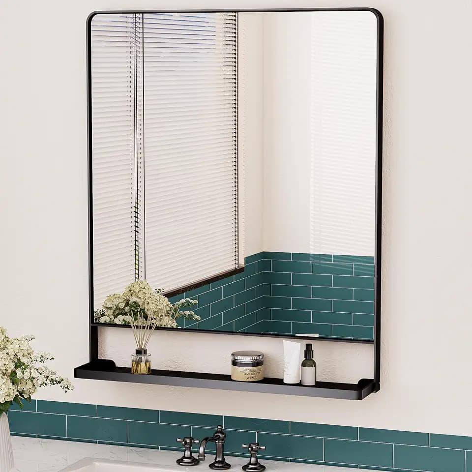 Keonjinn 30 x 36 Inch Black Bathroom Mirror with Shelf, Rounded Corner