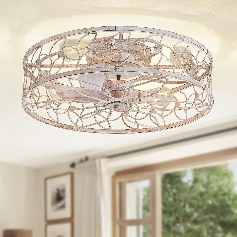 LEDIARY 23" Caged Ceiling Fan with Light, Flush Mount Fandalier with Remote
