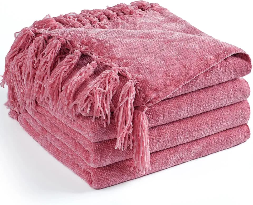 Chenille Throw Blanket for Couch 50" x 60", Rose Pink