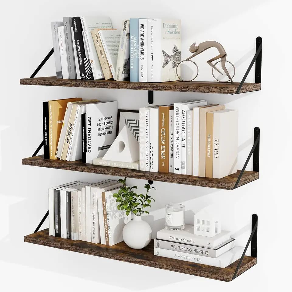 Heimlove Floating Book Shelves for Wall,31.5Inches Long Wall Mounted Bookshelves,Heavy Duty Bracket Shelves for Living Room Kitchen,Laundry Room Storage & Decor,Set of 3,Retro Brown
