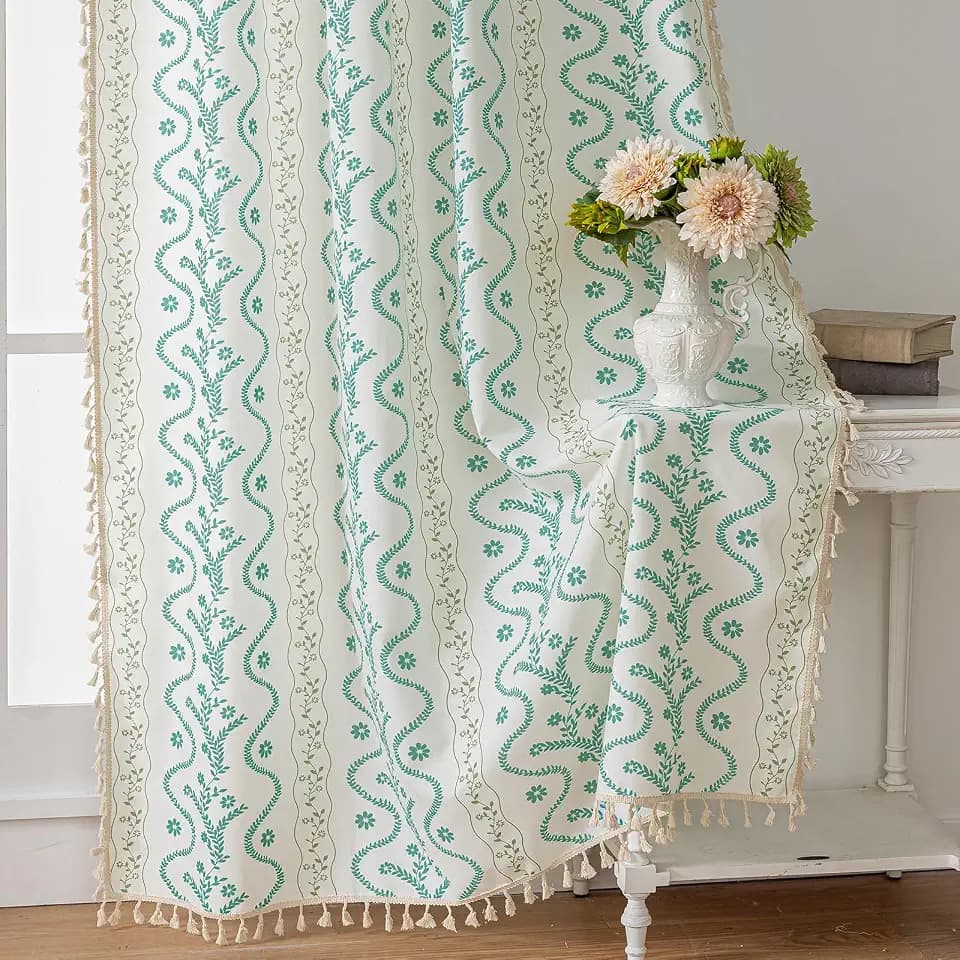 Boho Curtains 96 Inch Long for Living Room, Bedroom,Sky Blue on White 2 Panels Floral Farmhouse Vintage Tassel Semi Sheer Light Filtering Privacy Window Curtain Drapes with Rod Pocket