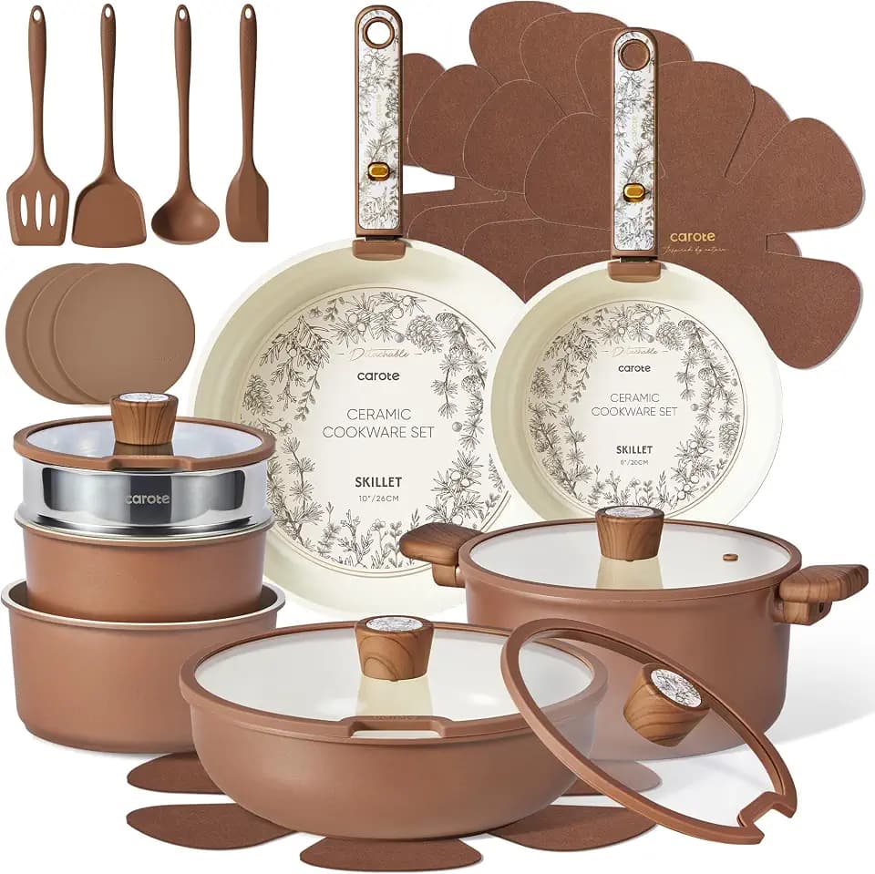 CAROTE 25pcs Ceramic Cookware Sets, Nonstick Pots and Pans Set Non Toxic