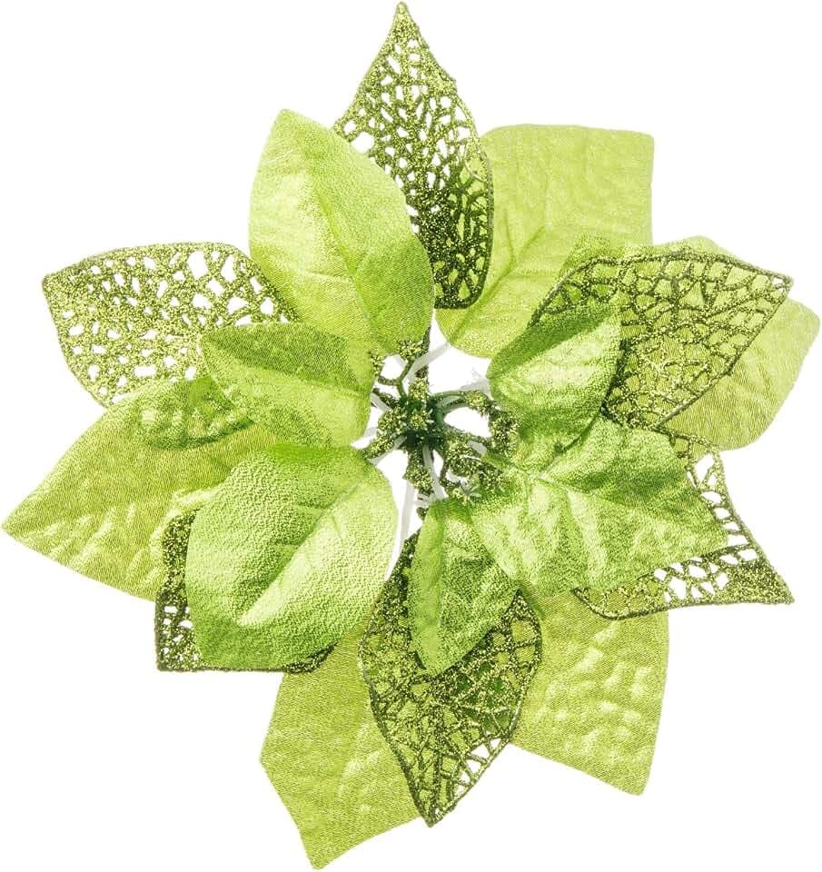 10 Pack Christmas Poinsettia Flowers Glitter Poinsettia Bushes Christmas Tree Flowers Christmas Poinsettia Ornament, Artificial Poinsettia Flowers Christmas Decorations-Green