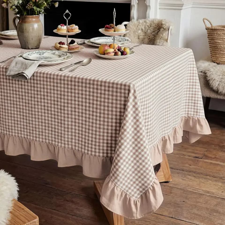 Beige Gingham Ruffled Tablecloth Rectangular 84 x 60 Inch Table Cover