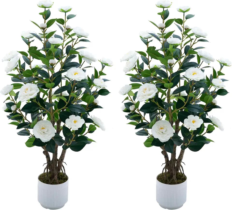 2 Pack Artificial Camellia Tree with White Pot, 38" Faux Potted Plants for Indoor Outdoor Decor, Tall Silk Greenery Plant for Home Offce Living Room Balcony, White
