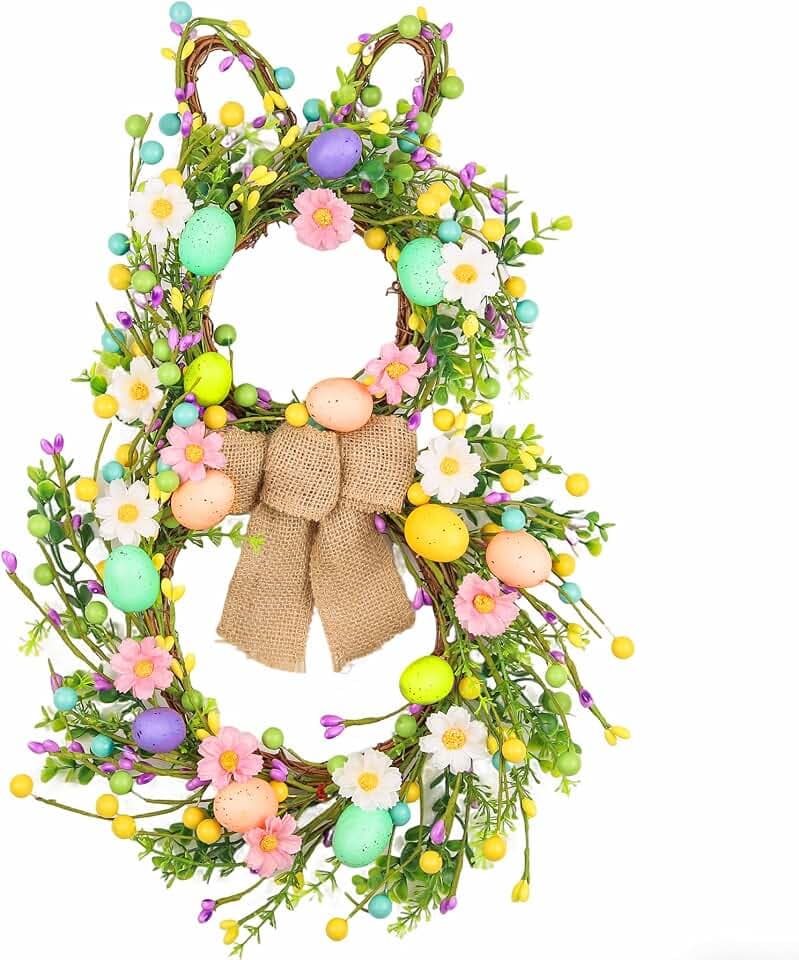 Cute Easter Wreaths for Front Door, 20 Inch Bunny Wreath Easter Decorations for Door Wall Window, Foldable Design Bunny Decor for Home Indoor Outdoor Wall Hanging Spring Decorations