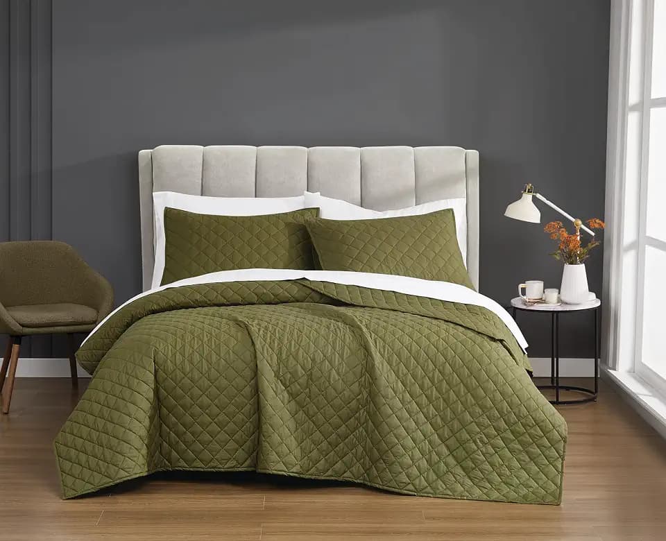 CANNON Solid Percale Olive Green Full/Queen 3 Piece Quilt Set