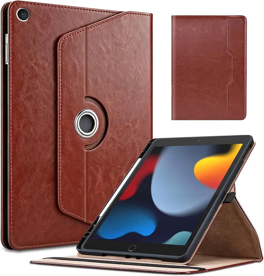 360° drehbare Business-Hülle für iPad 9./8./7. Generation (2021/2020/2019) 10,2 Zoll, Anti-Fingerabdruck Premium-Leder Folio Cover mit Ständer & Dokumententasche mit iPad Air 3 / Pro 10,5-Braun