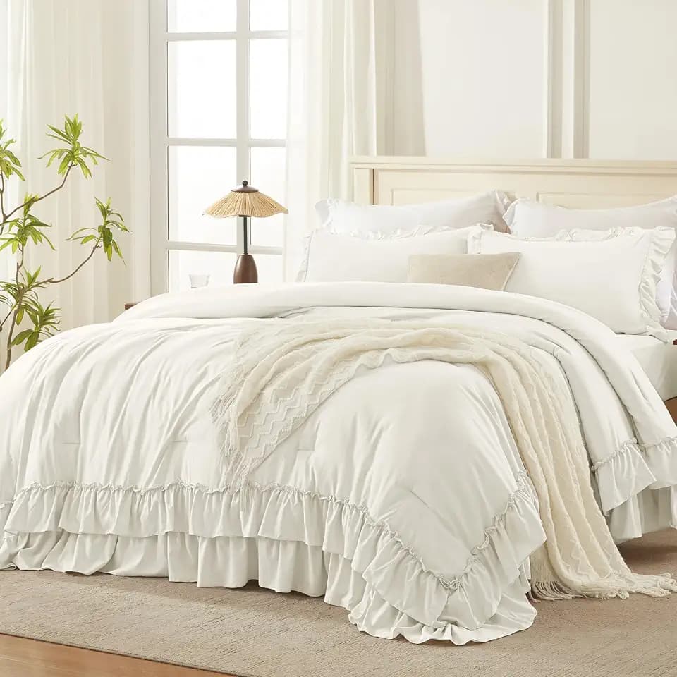 Andency Ivory Ruffle Comforter Set Queen Size, 3 Pieces