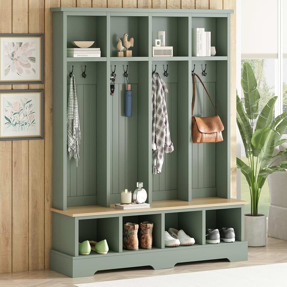 Merax Farmhouse Hall Tree with Bench and Shoe Storage, 59" Entryway Bench with Coat Rack, 3-in-1 Hall Tree with Top Compartments and 8 Hooks for Hallway, Living Room, Green