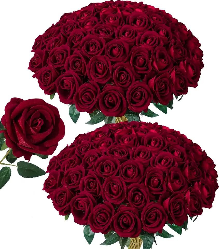 50 PCS Burgundy Roses Artificial Flowers, Fake Roses with Stem Realistic Silk Roses for DIY Wedding Bouquets Table Centerpieces Arrangements Baby Shower Birthday Home Decor Christmas Gift for Her