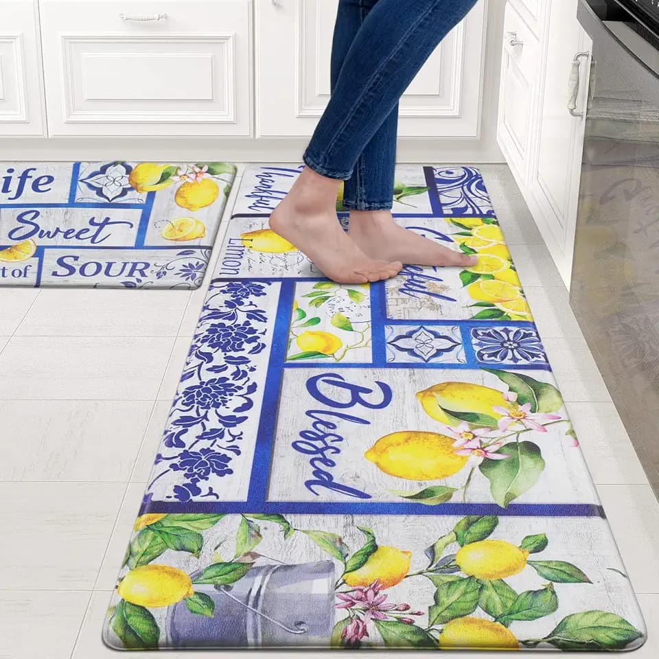 Likiyol Kitchen Mats - 2Pcs Set: Anti Fatigue, Non Slip, Lemon Print Design, Washable for Kitchen & Home Floor, 18''x30''+18''x48''