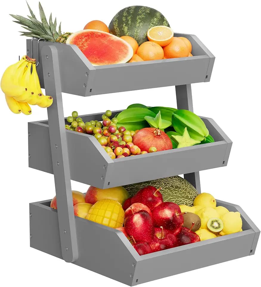 Grey Bamboo 3 Tier Fruit Basket for Kitchen Counter with 2 Banana Hangers