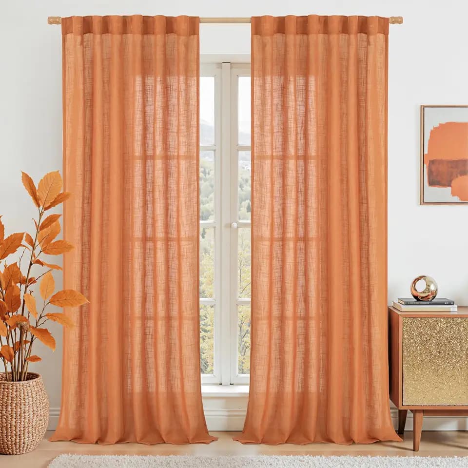 LAMIT Linen Semi Sheer Curtains 96 inches Long 2 Panels Set, Burnt Orange