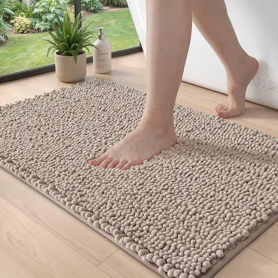 DEXI Chenille Bathroom Rugs 32x20, Bath Mats Non Slip Washable, Dark Beige