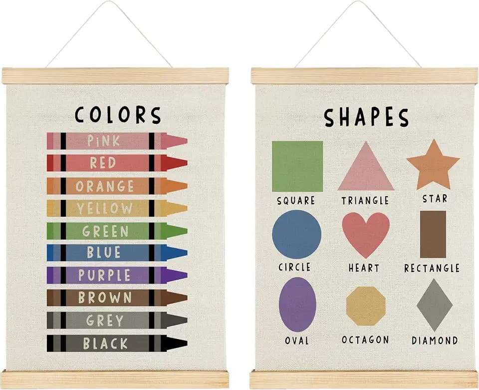 Nrleey Shapes Colors Wall Decor with Wooden Poster Hanger - Classroom Decor, Shapes Colors Learning Wall Art Posters for Nursery Kids Room Playroom Preschool, 12x16 Inch Set of 2