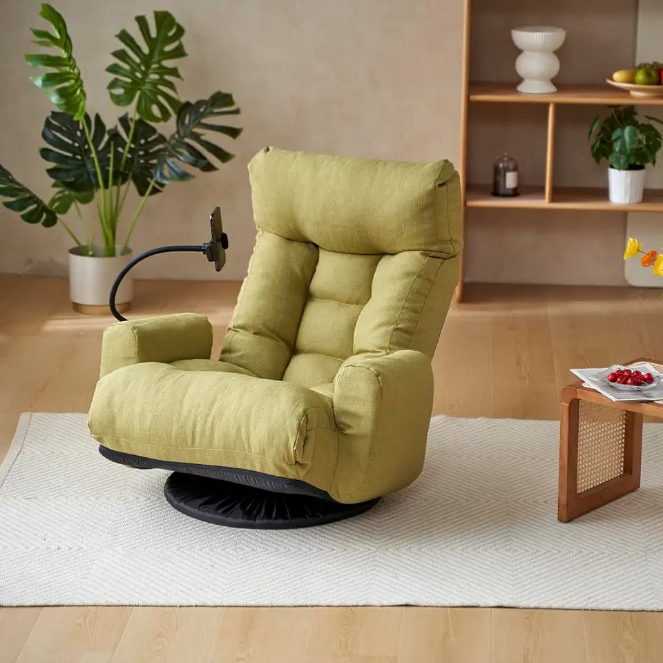 KEIKI Upholstered Sofa Chair with Phone Holder, Adjustable Reclining Swivel Armchair with 5-Angle Lounge Backrest & Rotating Base, Single Chair for Living Room, Green