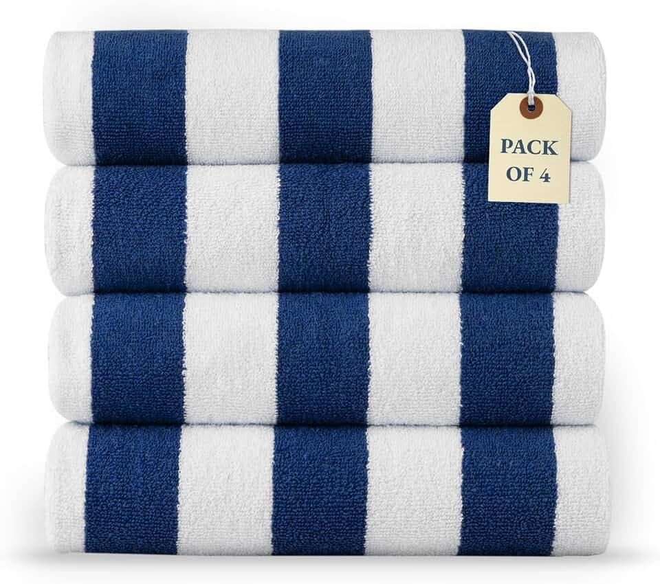 LANE LINEN Beach Towel 4 Pack - Beach Towels Oversized, Cabana Stripe Quick Dry Pool Towels, Beach Essentials for Women, Soft & Absorbent Oversized Beach Towel (36" x 72”) - Blue