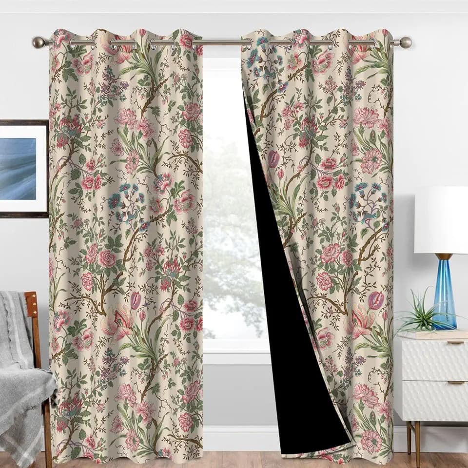 Pink Floral Blackout Curtains for Girls Room, Vintage Cute Print Black Out Curtains for Bedroom and Nursery, Thermal Soundproof Grommet Living Room Darkening Drapes 84 Inch Length 2 Panels Set