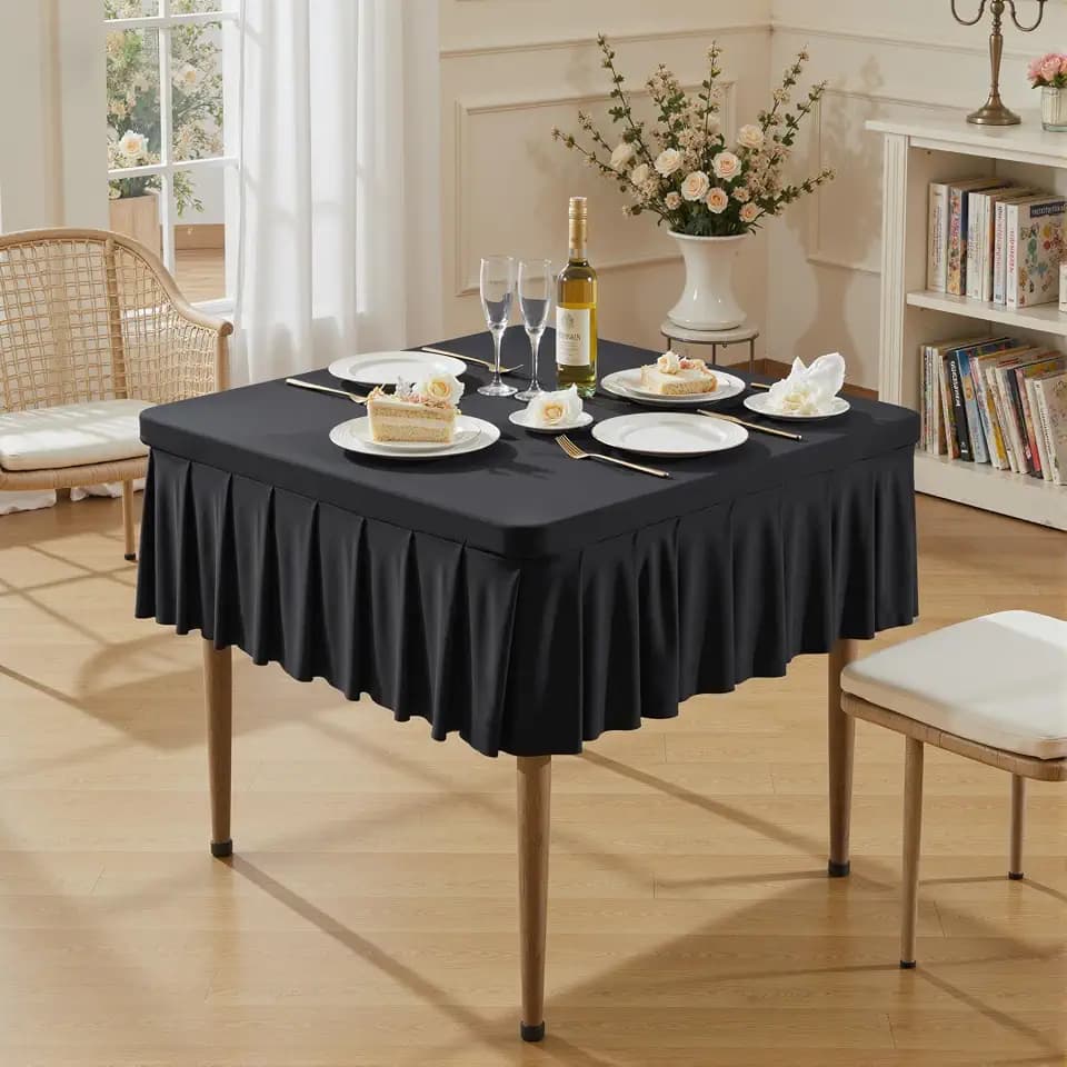 Wish Care Black Spandex Tablecloths for 34x34 Inch Square Tables, Stretch Fitted Table Clothes with Pleated Ruffle Skirt for 34” Table, Wrinkle Free and Elastic, for Party Kitchen Home Dining