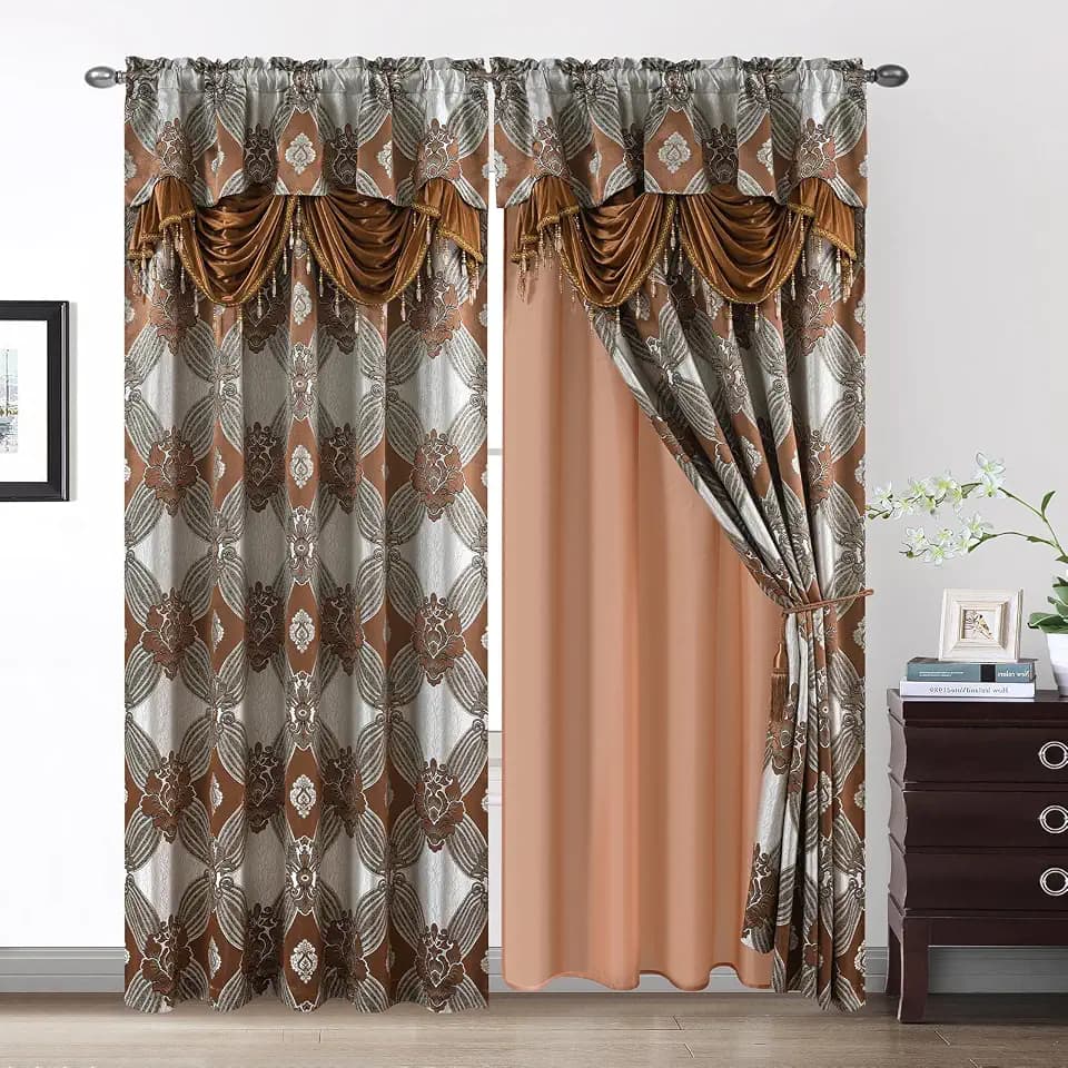 Petrichor Elegant Curtains with Gold Silver Threads 2 Panels Set - Luxury Window Treatment Attached Valance, Sheer Backing, and 2 Tie Backs for Bedroom and Living Room, 54x95 inches, Brown