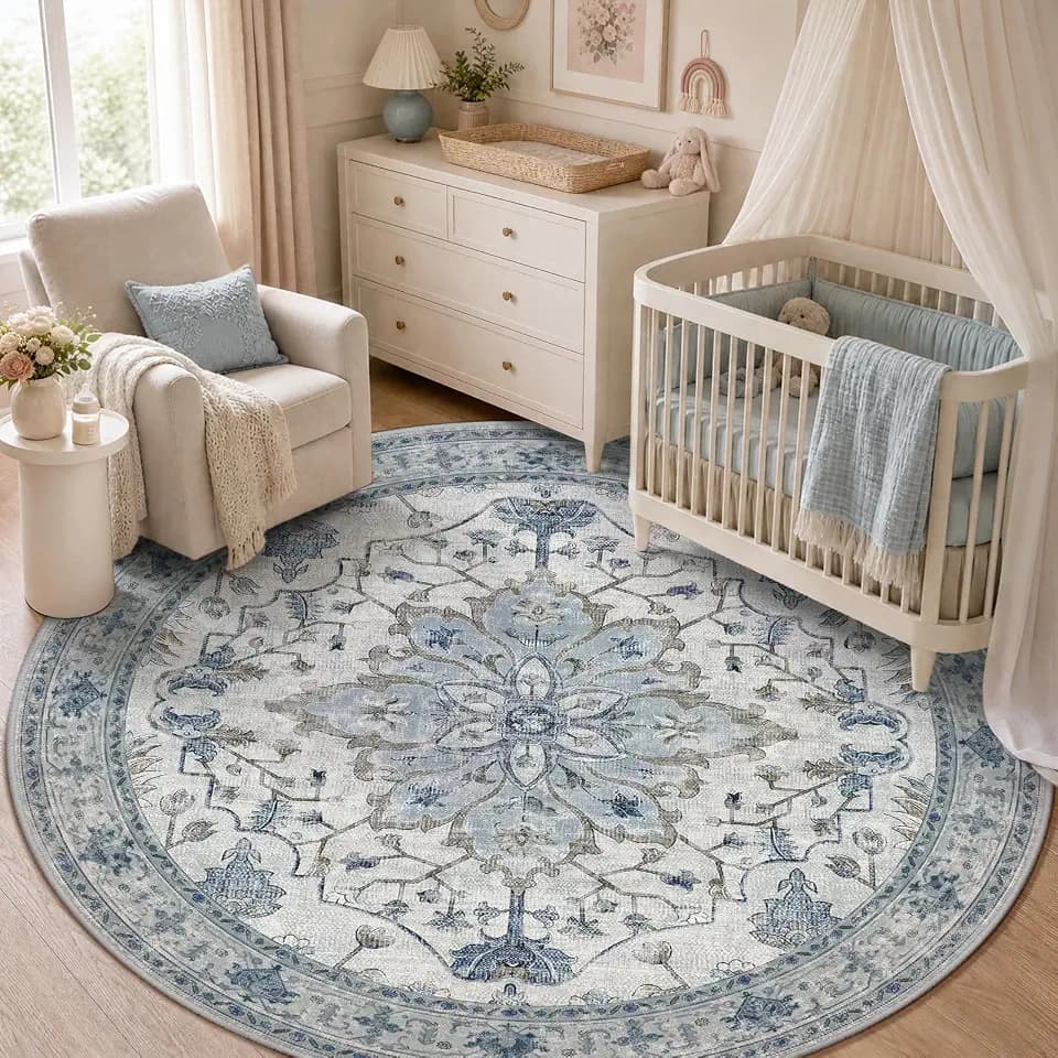 RELEANY Washable Area Rug, Round 5ft, Blue/White/Gray
