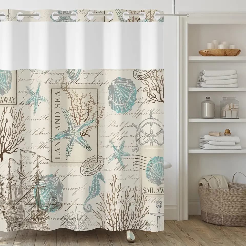No Hook Shower Curtain,Nautical Double-Layered Shower Curtain with Snap-in Liner and Weights,Vintage Coral Ocean Sea Theme Fabric Bath Curtain with See Through Mesh, 71x74in