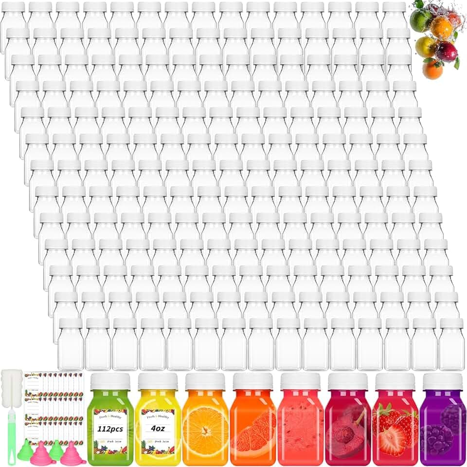 125 Pcs 4oz Juice Bottles Small Plastic Bottles with White Caps Mini Clear Ginger Shot Containers with Tamper Proof Lids Reusable Travel Bottles with Funnels Labels for Juice Milk Water