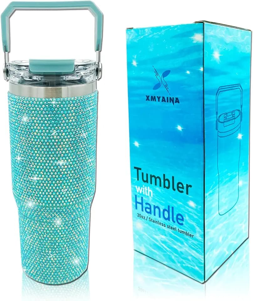 30oz Bling Rhinestone Studded Tumbler with Top Handle and Leakproof Lid Vacuum Insulated Stainless Steel Glitter Crystal Water Bottle with Flip Straw Reusable Cup Outdoors Travel Mugs (Lake Blue)