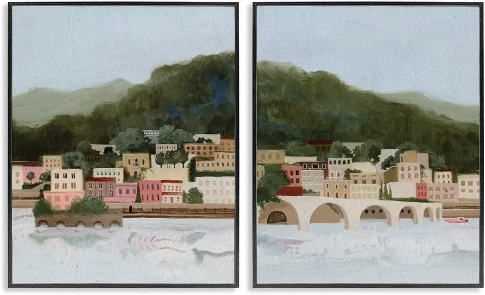 Mountain Town by Sea Scenic, 16 x 20 Inch Framed Giclée Print Set
