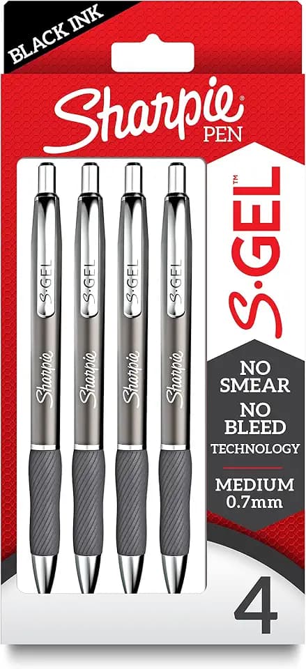 Sharpie S-Gel Pens, Sleek Metal Barrel, Gunmetal, Medium Point (0.7mm), Black Gel Ink, 4 Count