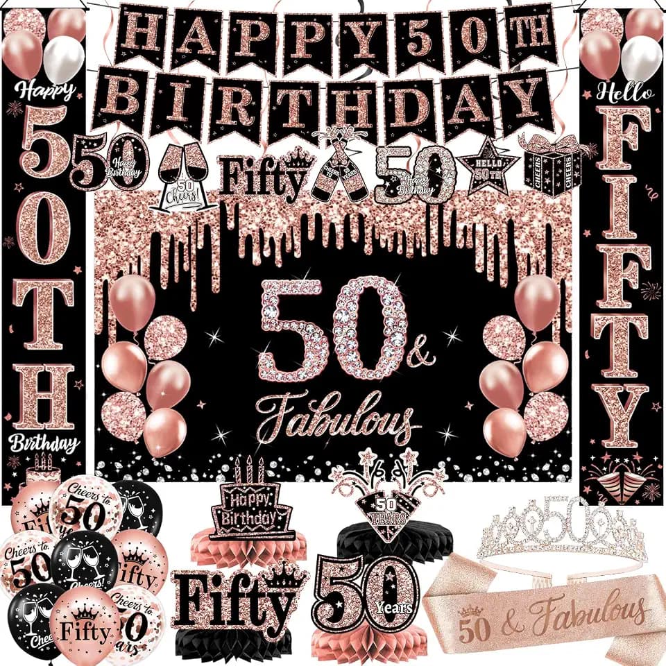 50th Birthday Decorations for Women, 38-Piece Black and Rose Gold 50 Years Old Party Supplies with Backdrop, Honeycomb Centerpieces, Banner, Hanging Swirls, Porch Banner, Balloons, Sash, Crown