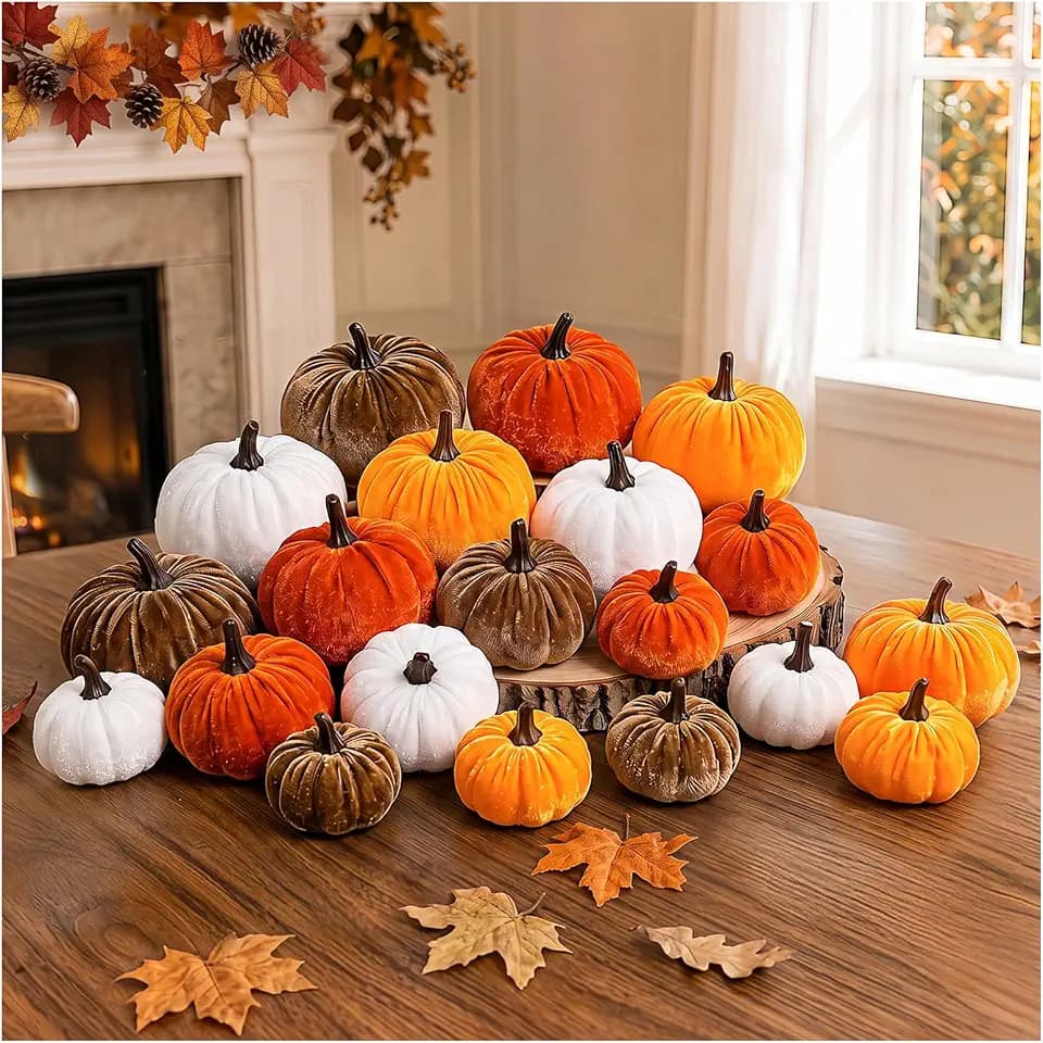 OLANRUN Fall Pumpkin Decor, 20 PCS Fall Decorations for Home Fake Artificial Velvet Pumpkins with 4 Size & Color, Autumn Thanksgiving Decorations for Indoor Table Tiered Tray Mantel Kitchen Office