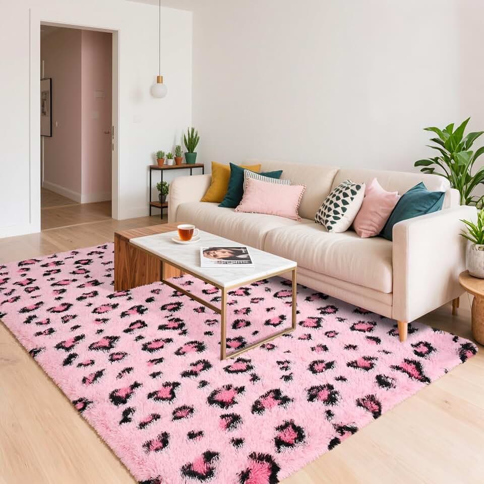 HOMORE Fluffy Leopard Rug,5x8 Pink Cheetah Rugs for Bedroom Living Room