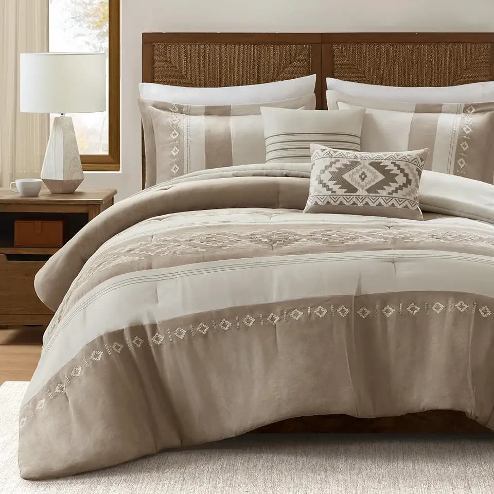 Woolrich King Comforter Set – Sutherland 5-Piece Microsuede Embroidered Bedding Set with Decorative Pillows, Taupe