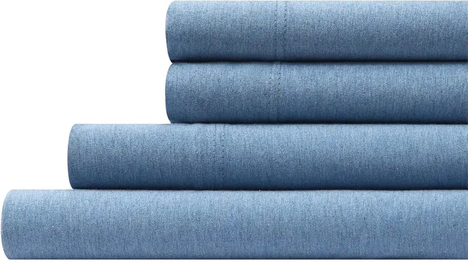 Aeropostale Super Soft Jersey Knit Sheet Set, 4 Piece Bed Sheets, Cotton Rich Jersey Sheets, Fits Mattresses up to 18” Deep, Queen Size, Heathered Blue