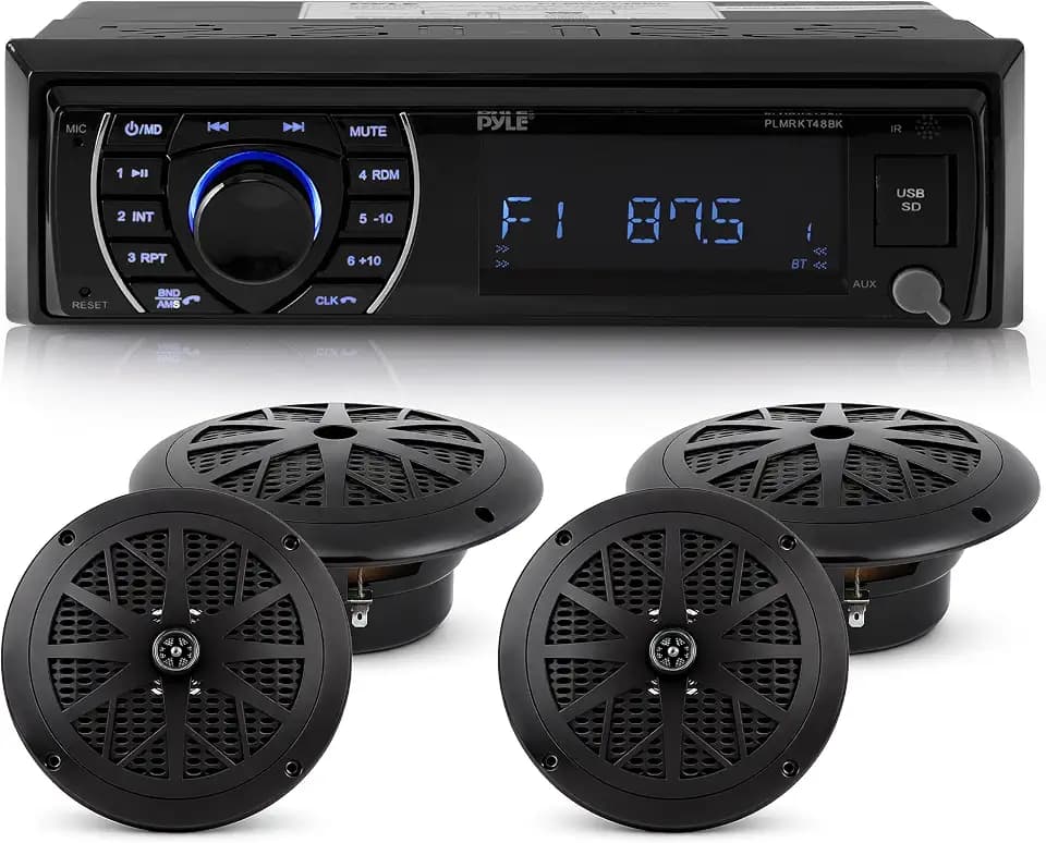 Marine Head Unit Receiver Speaker Kit - In-Dash LCD Digital Stereo Built-in Bluetooth & Microphone w/AM FM Radio System 6.5’’ Waterproof Speakers (4) MP3/SD Readers & Remote Control - Pyle PLMRKT48BK