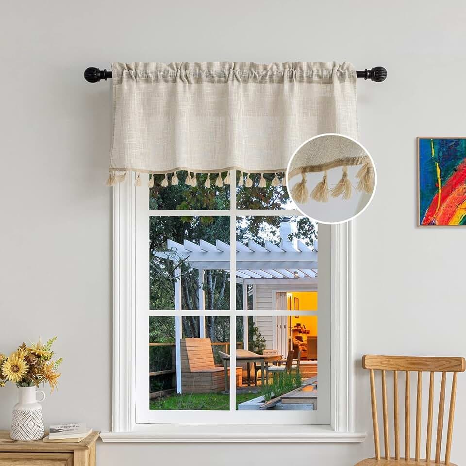 Beda Home Tassel Linen Textured Swag Curtain Valance, Nature, 52 x 18 in