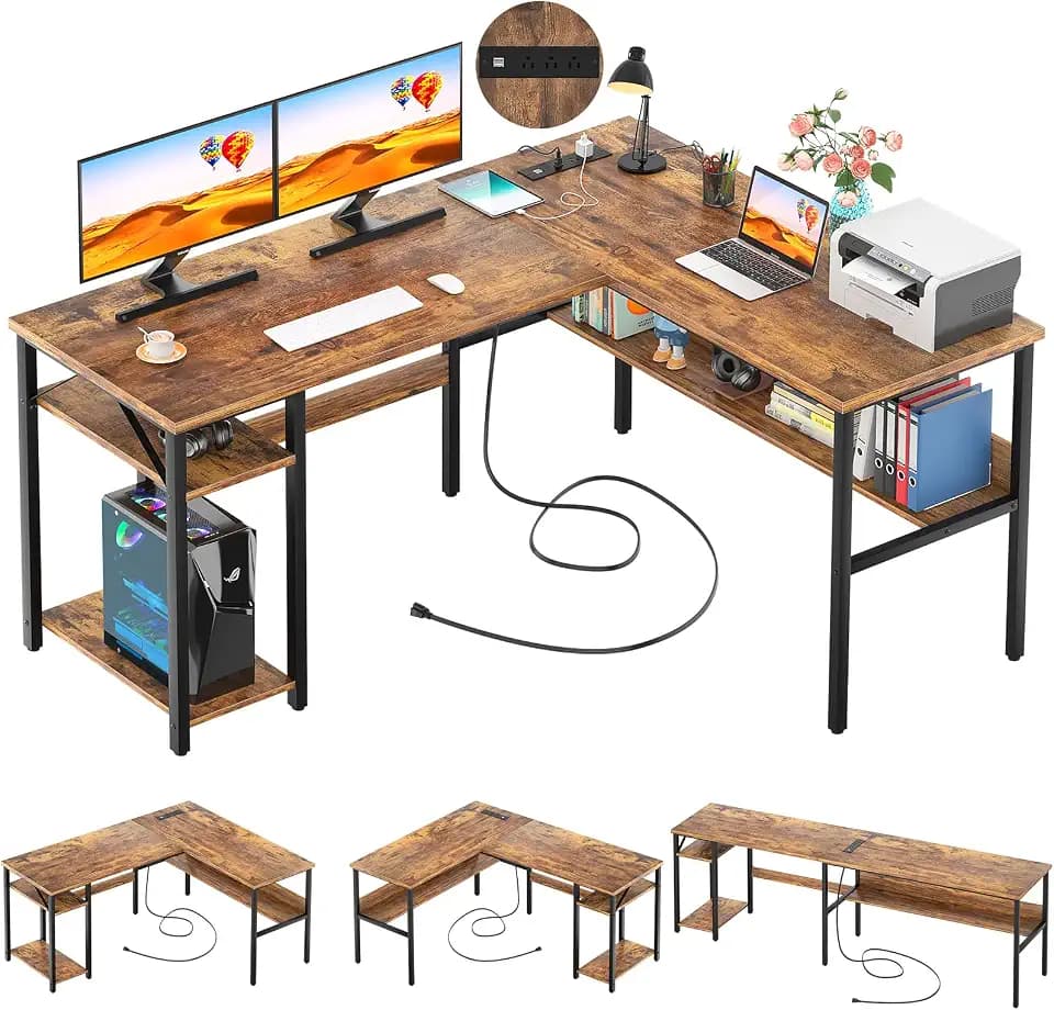 Unikito L Shaped Computer Desk with Magic Power Outlets and USB Charging Port, Sturdy Reversible Corner Desk with Storage Shelves, Modern Work Desk for Home Office, Easy to Assemble, Rustic Brown