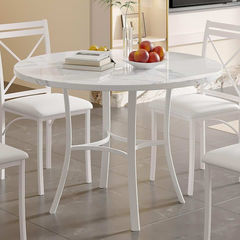 VECELO 36" Round Dining Table for 4, Faux Marble Dinette with Metal Frame for Kitchen, Apartment, Home, Space-Saving, Off White