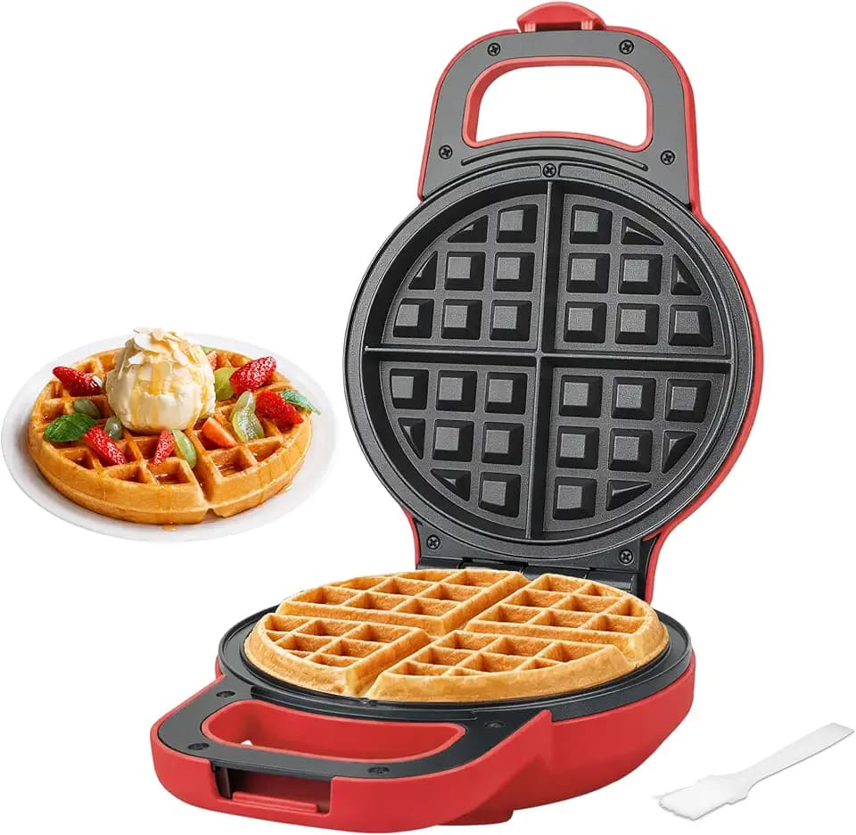SugarWhisk 6-Inch Flip Belgian Waffle Maker, Ceramic Nonstick,Red