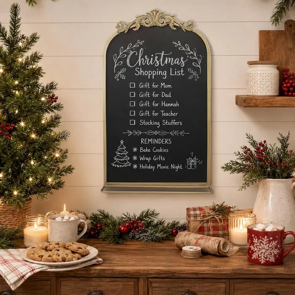 Vintage Magnetic Arch Blackboard with Shelf - 19"x31" Decorative Wall Mounted Ornate Gold Framed Board with Accessories, Clips & Cloth - Elegant Wedding Sign & Kitchen Menu Home Decor
