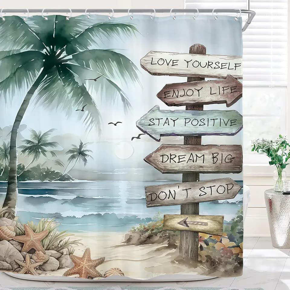 Tropical Beach Palm Tree Blue Ocean Quotes Art Bathroom Shower Curtain Set