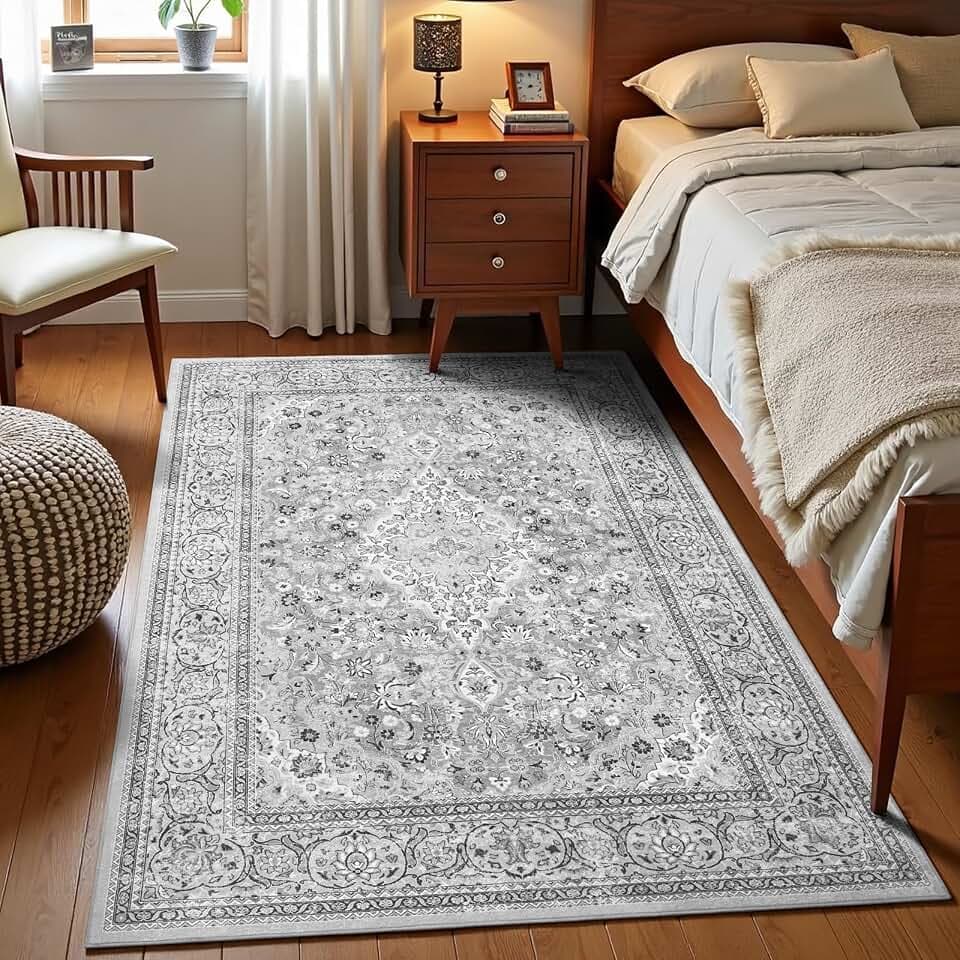 Grey Washable Boho Area Rug for Bedroom, 3x5 Vintage Floral Non Slip Rugs, Soft Low Pile Indoor Mat, Aesthetic Pattern Carpet for Living Room, Kitchen, Dining Room and Bedside
