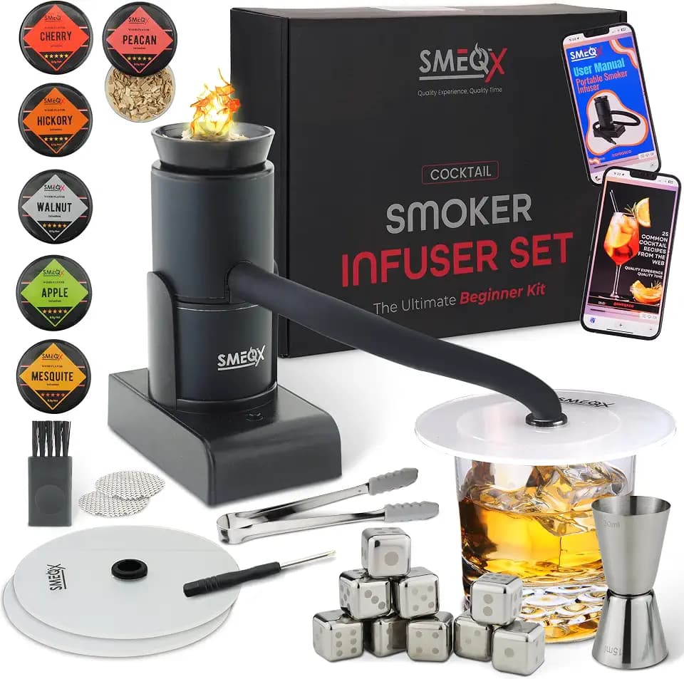 SMEQX Instant Old Fashioned Drink Cocktail Smoker 9-pce Kitset with 6 wood flavors, powerful smoke infuser, 9 whiskey stones, a double jigger & 2 E-books (BLACK)