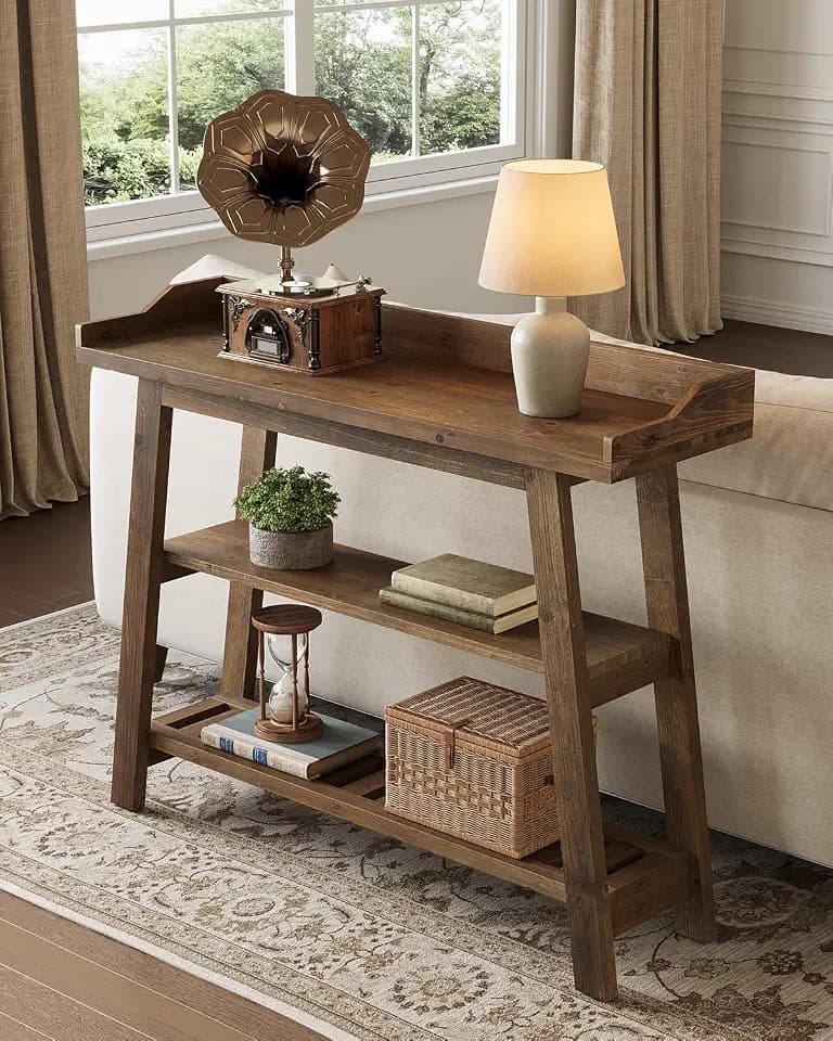 LITTLE TREE Solid Wood Entryway Table, 45" Narrow Console Table for Entryway, 3-Tier Modern Farmhouse Behind Couch Sofa Table with Raised Sided Back Panel for Entrance, Entry, Hallway, Dark Brown