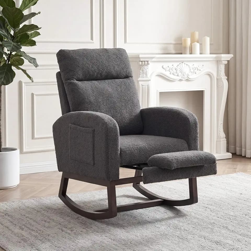 GarveeLife Nursery Rocking Chair,300lb Glider Chair with Solid Wood Legs/Two Side Pockets,Teddy Upholstered Glider Rocker with Footrest High Backrest for Living Room/Bedroom/Nursery