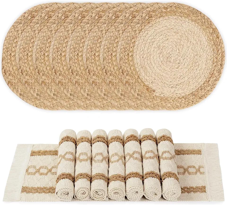 YANGQIHOME Boho Placemats Set of 8, Farmhouse Rustic Woven Placemats for Dining Table Decor, Handmade Braided Place Mats in Natural Cotton Jute and Water Straw for Kitchen Table