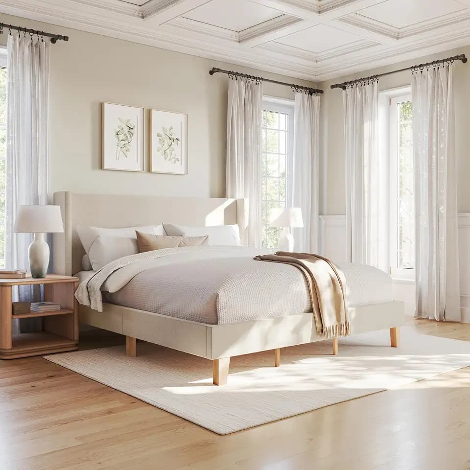 Martha Stewart Maisie King Wingback Upholstered Platform Bed, Beige