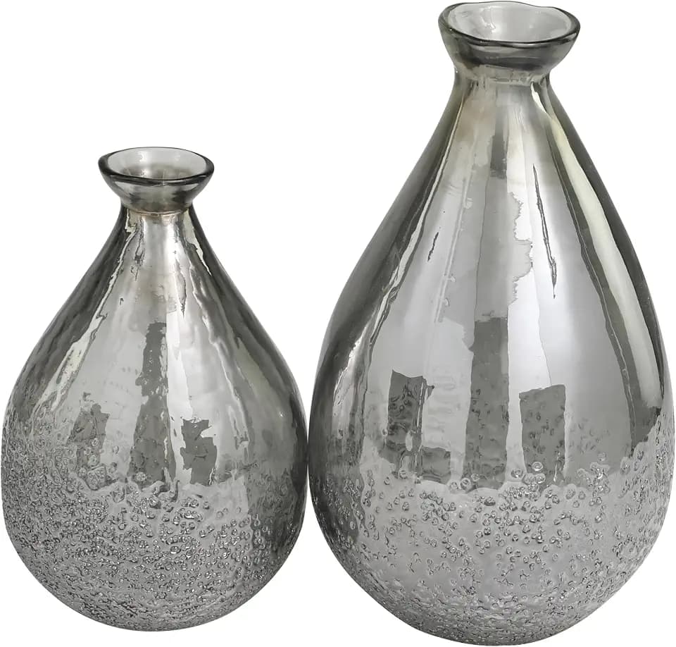 Deco 79 Glass Decorative Vase Textured Teardrop Centerpiece Vases, Set of 2 Flower Vases for Home Decoration 12", 9" H, Gray
